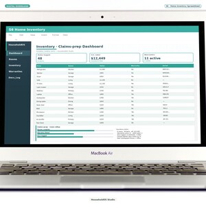 Home Inventory Spreadsheet Google Sheets Rooms Warranties Insurance Tracker Digital Download: digital template preview, photo 2 of 8 (digital download, nothing ships)