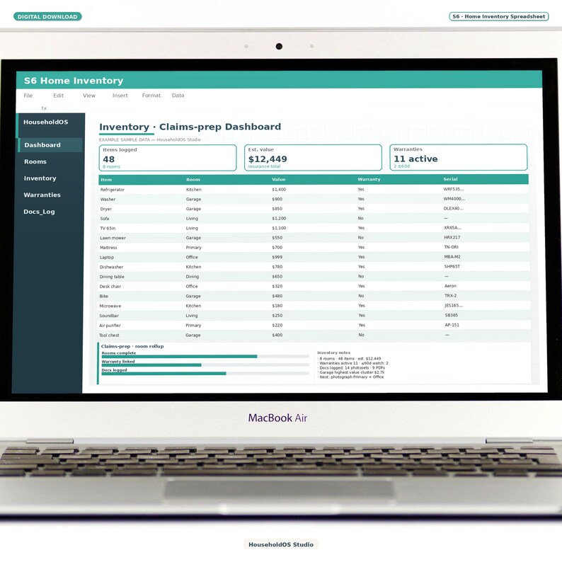 Home Inventory Spreadsheet Google Sheets Rooms Warranties Insurance Tracker Digital Download: digital template preview, photo 2 of 8 (digital download, nothing ships)