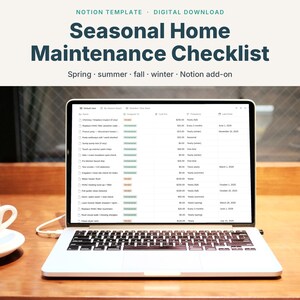 Modello di lista di controllo per la manutenzione della casa, programma stagionale per i proprietari di casa per primavera, estate, autunno e inverno, download digitale.