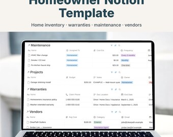 Homeowner Notion Template, Home Management Hub for Inventory, Warranties and Maintenance