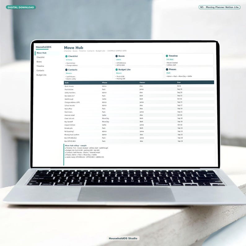 Moving Planner Notion Template: digital template preview, photo 1 of 8 (digital download, nothing ships)