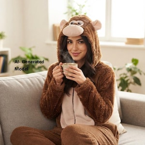 Puede incluir: Un mono de peluche marrón con diseño de mono, que incluye una capucha con orejas y cara, un panel central beige claro y pies a juego con patrones de agarre circulares blancos en las suelas. La prenda incluye el texto AI-Generated Model.