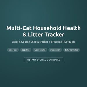May include: A dark teal digital tracker titled Multi-Cat Household Health & Litter Tracker. It includes an Excel and Google Sheets tracker, a printable PDF guide, and categories for litter box, appetite, water intake, medication, and behavior notes.