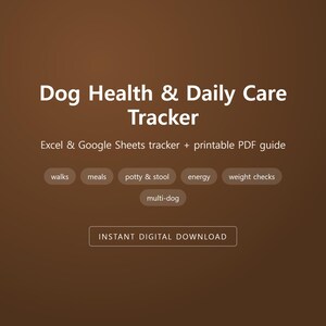 以下が含まれることがあります： Dog Health & Daily Care Trackerというタイトルの茶色のデジタルドキュメント。ExcelおよびGoogleスプレッドシートファイル、印刷可能なPDFガイドが含まれており、散歩、食事、排便、エネルギー、体重チェック、多頭飼育管理のラベルが記載されています。