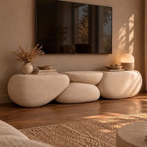 Consola multimedia de piedra orgánica hecha a mano, soporte de TV escultural, muebles de sala de estar estilo Wabi Sabi