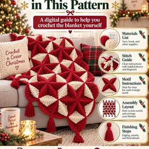 Christmas Crochet Blanket Pattern PDF, Holiday Crochet Throw Pattern, Red White Motif Afghan, Festive Blanket Crochet Tutorial