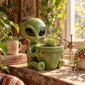 Cute Green Alien Planter Pot | Kawaii Succulent Vase | Sci-Fi Home Decor | Unique Desk Accessory | Gift for Plant Lovers