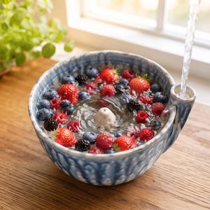 May include: A blue and white ceramic bowl with a built-in water fountain feature, filled with fresh water, strawberries, blueberries, and blackberries. A stream of water flows into the side spout, creating a swirling motion in the center.