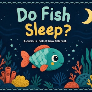Peut inclure: Une couverture de livre avec un fond sous-marin bleu foncé représentant un poisson sarcelle aux nageoires orange, un croissant de lune jaune et le texte "Do Fish Sleep? A curious look at how fish rest." avec du corail et des algues.