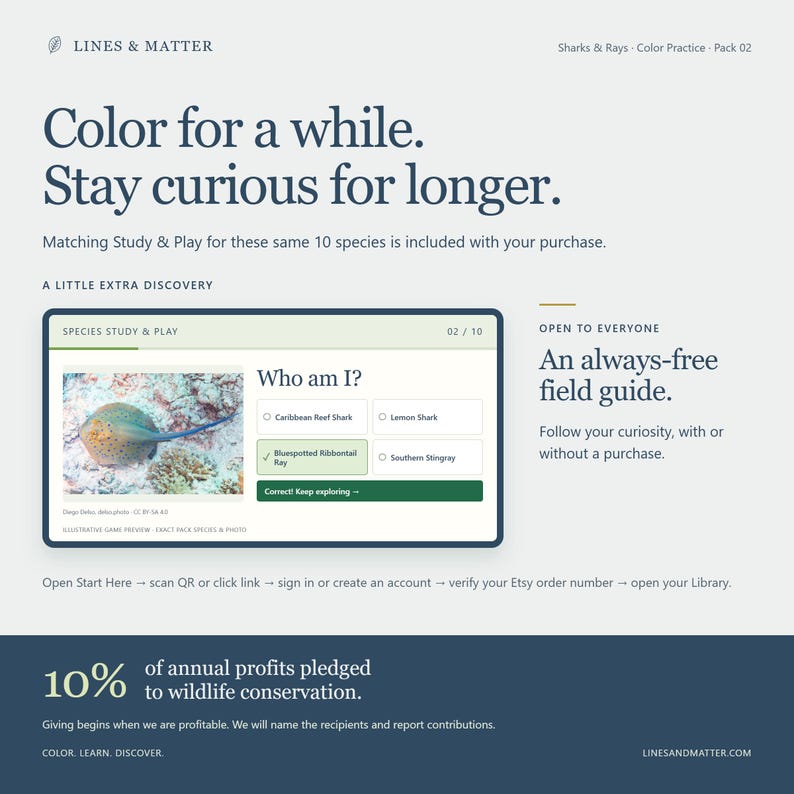 May include: A digital educational graphic titled Color for a while. Stay curious for longer. It features a Species Study & Play game preview showing a Bluespotted Ribbontail Ray, alongside text about wildlife conservation and a free field guide.