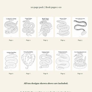 May include: A digital drawing pack titled LINES & MATTER Snakes 10-DRAWING PACK | Pages 1-10. It features a coloured cobra illustration, and two black and white line art pages labelled Gaboon Viper Page 1 and Carpet Python Page 2.