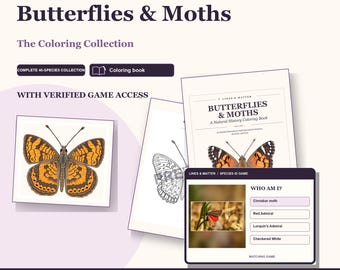 Könnte beinhalten: Eine digitale Malbuch-Sammlung mit dem Titel Butterflies & Moths, die 40 Arten, ein Malbuch und ein Artenbestimmungsspiel umfasst. Die Darstellung zeigt gedruckte Seiten mit Schmetterlingsillustrationen und eine Spieloberfläche.