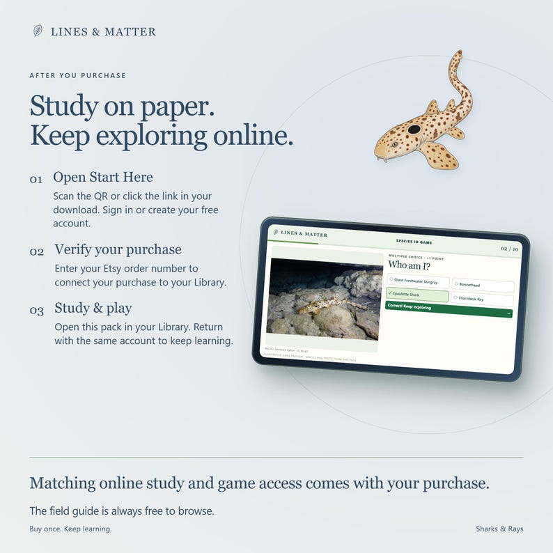 May include: An instructional graphic titled Lines & Matter featuring a spotted shark illustration and a tablet screen displaying a digital quiz. The text outlines a three-step process to access online study materials and games after a purchase.