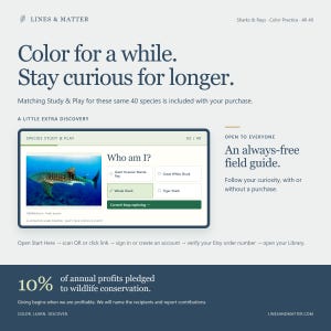 May include: A digital educational graphic titled Lines & Matter featuring the text Color for a while. Stay curious for longer. It displays a Species Study & Play game preview with a whale shark image and a 10% wildlife conservation pledge.