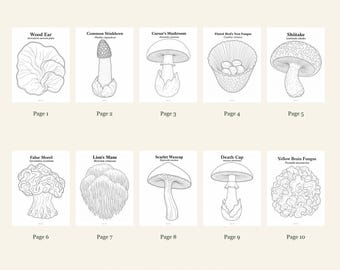 Mushrooms And Fungi Coloring Pages 1-10: 10-Page Printable Pack, Digital PDF