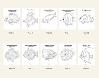 Marine Fish Coloring Pages 11-20: 10-Page Printable Pack, Digital PDF