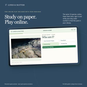 May include: A digital tablet screen displaying the Lines & Matter Species ID Game. The interface shows a multiple-choice question titled Who am I? with an image of an epaulette shark on rocky terrain. The screen text includes Study on paper. Play online.