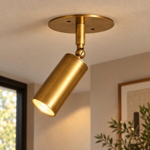 Solid Brass Adjustable GU10 Spotlight Flush Mount, Mid Century Modern Ceiling Lamp, Hardwired Kitchen Fixture