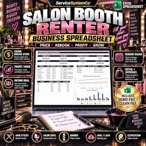 May include: A digital business spreadsheet for salon booth renters displayed on a laptop screen, featuring data tables, revenue charts, and service profitability graphs. The image includes text overlays, icons, and a notebook with a pen on a desk.