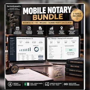 May include: A digital mobile notary bundle featuring a business operating system and profit calculator on two laptop screens. Includes a notary stamp, a document, a pen, and a stack of books labelled loan documents, real estate, power of attorney, and acknowledgments.