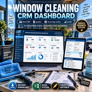 Puede incluir: Un panel de control CRM digital para limpieza de ventanas en una laptop y tableta, con métricas de negocio, calculadoras de presupuestos y herramientas de ruta. Incluye un cubo, paño azul, limpiacristales y un formulario de estimación.