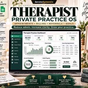 May include: A digital dashboard for a therapist private practice displayed on a laptop screen, featuring sections for appointments, billing, referrals, and goals. The interface uses green and white tones with charts, client status, and revenue data.