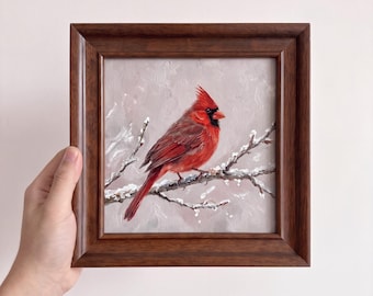 Cardinal Bird On Winter Snow Branch Oil Painting Rustic Hand Painted Original Bird Wall Art Small Framed Decor for Log Cabin