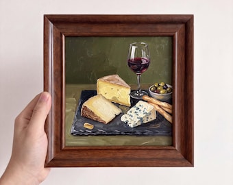 Wine Cheese Board Still Life Art Hand Painted Original Custom Oil Painting Vintage Textured Canvas Home Wall Decor for Wine Lovers