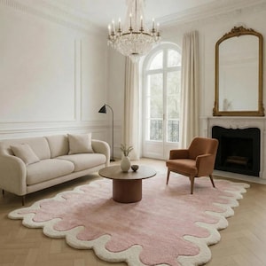 Hand-Tufted Wool Rug – Scalloped Blush Pink & Ivory Area Rug (Living Room, Nursery)