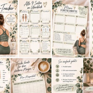 Op de afbeelding: Een digitale lichaamsmeting-tracker set van negen pagina's met botanische eucalyptusaccenten. De pagina's bevatten voortgangsgrafieken, meetlogboeken en sjablonen voor het stellen van doelen met Duitse tekst voor fitness- en gezondheidsdoelen.