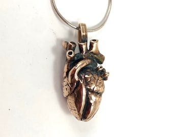 Solid Brass Antique Patina Designer Jan Hilmer Large ANATOMICAL HEART NECKLACE Super Detailed Human Heart Pendant Necklace