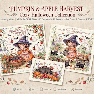 Puede incluir: Una colección de papel digital titulada Pumpkin & Apple Harvest Cozy Halloween Collection con ilustraciones de una bruja, fantasmas, gatos negros, calabazas y manzanas. El set incluye 41 piezas, 300 DPI, formatos A4 y Letter para diarios.