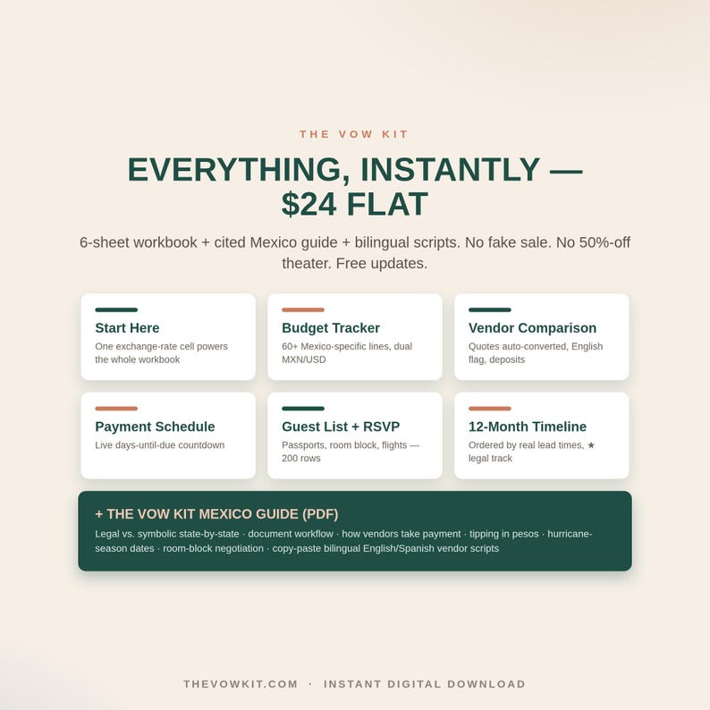 May include: The Vow Kit digital workbook includes a 6-sheet planner, Mexico guide, and bilingual scripts. Features include a budget tracker, vendor comparison, payment schedule, guest list, and 12-month timeline. Includes a PDF Mexico guide for vendors.
