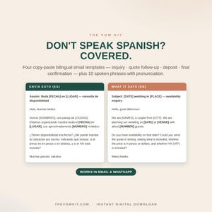 May include: The Vow Kit digital download features four bilingual email templates for wedding planning, including inquiry, quote, deposit, and confirmation. It includes ten spoken phrases with pronunciation, compatible with email and WhatsApp.