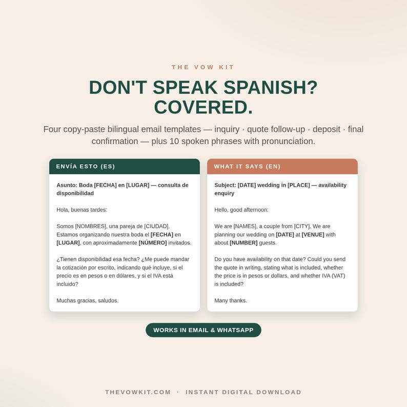 May include: The Vow Kit digital download features four bilingual email templates for wedding planning, including inquiry, quote, deposit, and confirmation. It includes ten spoken phrases with pronunciation, compatible with email and WhatsApp.
