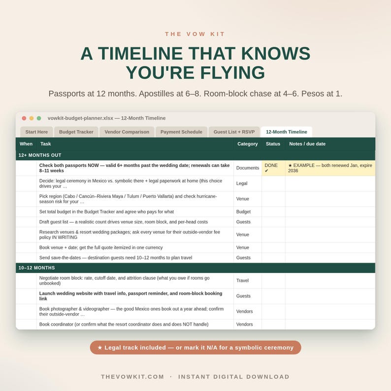 May include: A digital spreadsheet titled The Vow Kit 12-Month Timeline with dark green headers. It lists wedding planning tasks like passports, legal ceremonies, and venue booking. The interface includes tabs for budget, vendors, and guests, with a status column.