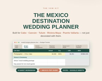 Mexico Destination Wedding Planner Spreadsheet, Budget Tracker Timeline Guest List, Cabo Cancun Tulum, Legal + Apostille Guide, Excel Sheets