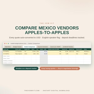 May include: A digital spreadsheet titled The Vow Kit for comparing Mexico wedding vendors. It features columns for vendor name, English proficiency, quotes in local currency and USD, outside-vendor fees, deposit amounts, due dates, and booking status.
