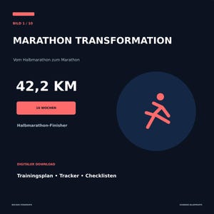 Könnte beinhalten: Eine dunkelblaue Grafik für einen digitalen Download mit dem Titel MARATHON TRANSFORMATION und dem Text Vom Halbmarathon zum Marathon, 42,2 KM, 16 WOCHEN, Halbmarathon-Finisher, DIGITALER DOWNLOAD, Trainingsplan, Tracker, Checklisten, NOCKES POWERUPS, RUNNING BLUEPRINTS.