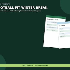 Puede incluir: Un programa de entrenamiento digital titulado FOOTBALL FIT WINTER BREAK de NOCKES POWERUPS. El documento presenta un fondo verde oscuro con texto en blanco, un plan de entrenamiento y un rastreador para ejercicios en interior y exterior.