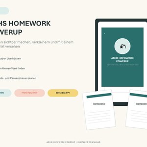 Könnte beinhalten: Ein digitaler Download mit dem Titel ADHS HOMEWORK POWERUP, bestehend aus einem Tablet mit grünem Dokument und Schreibtisch-Symbol, zwei weißen Hausaufgabenblättern mit Linien sowie Buttons mit der Aufschrift 5 SEITEN, PRINTABLE PDF und EDITABLE PPT.