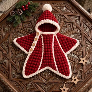 May include: A star-shaped baby bunting bag in deep red with a textured bobble stitch pattern. It features a white crocheted trim, a hood topped with a white pom-pom, and a side opening secured with four light brown wooden buttons.