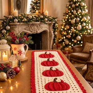 Peut inclure: Un chemin de table rectangulaire en crochet avec une base couleur crème et une bordure rouge festonnée. Le chemin est décoré de quatre citrouilles rouges en relief, espacées régulièrement, chacune surmontée d'une petite fleur blanche.