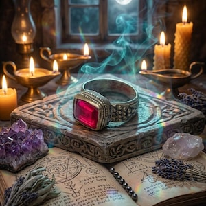 May include: A silver-toned ring featuring a large, rectangular, faceted red gemstone set on a textured band. The ring rests on a stone block atop an open book with printed circular diagrams and text, surrounded by candles and crystals.