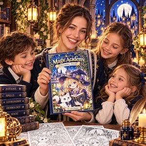 Op de afbeelding: Een Magic Academy kleurboek met een omslagillustratie van een jonge heks met een witte kat tegen een kasteelachtergrond. Het boek wordt getoond naast een stapel boeken met de titels Potions, Spells, Astronomy, Herbology en Magic.