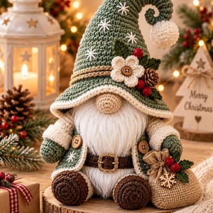 May include: A crocheted gnome figurine wearing a tall sage green hat with white embroidered snowflakes, a white flower, and red berries. The gnome has a long white beard, a brown belt with a gold buckle, dark brown boots, and holds a small burlap sack.