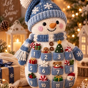 Può includere: Un calendario dell'avvento a forma di pupazzo di neve all'uncinetto con un cappello di lana blu e bianco con pompon, una sciarpa a righe abbinata e dodici tasche numerate. Ogni tasca contiene un piccolo ornamento natalizio all'uncinetto, tra cui un omino di pan di zenzero, bastoncini di zucchero, un orsetto e regali.