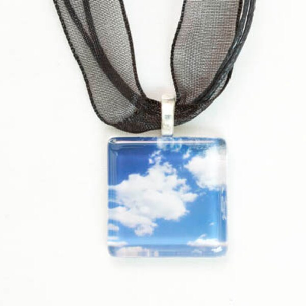 Glass Tile Pendant Necklace, Clouds, Abstract