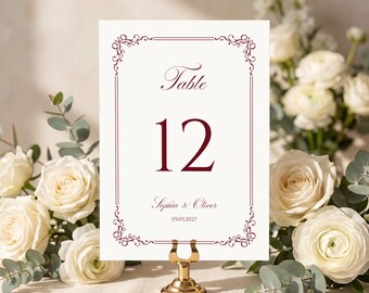 Wedding Table Numbers Template Editable Canva Vintage Burgundy Table Number Cards Printable Reception Decor