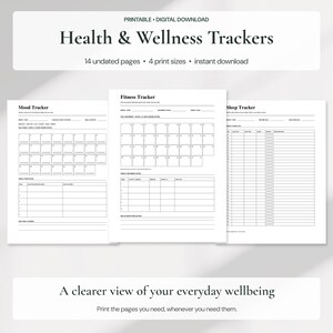 May include: A set of printable digital health and wellness trackers featuring black text on white paper. The pages include a Mood Tracker, Fitness Tracker, and Sleep Tracker with grids, tables, and lines for recording daily habits and personal data.